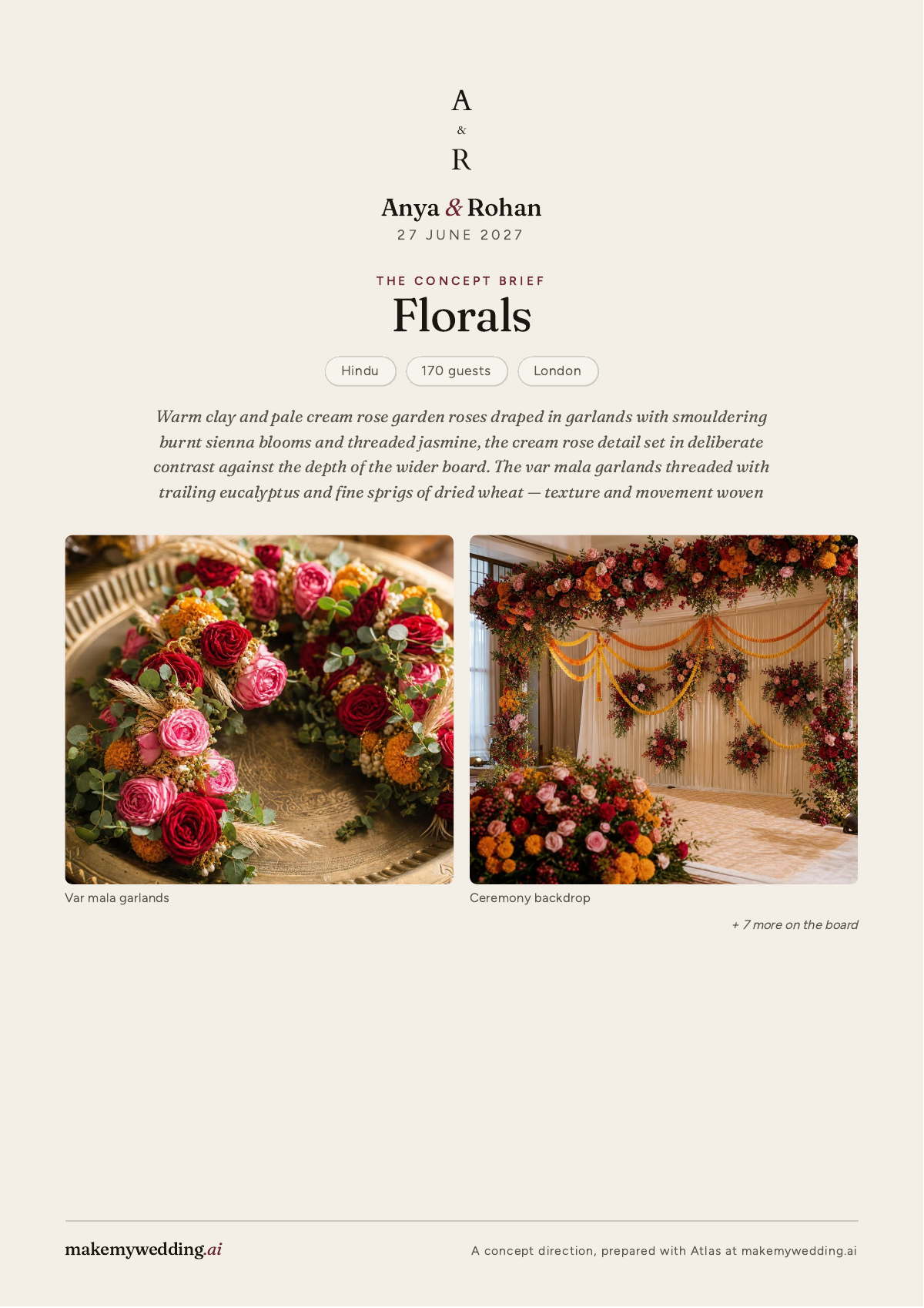 Anya and Rohan's demo florals PDF brief, with their wedding details and two pinned concept images