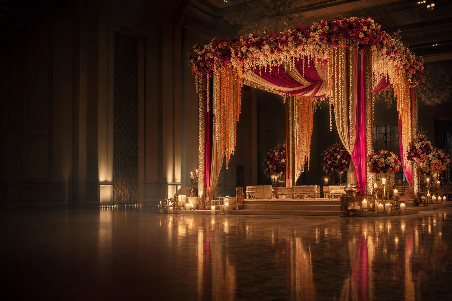 A grand mandap in gold and fuchsia