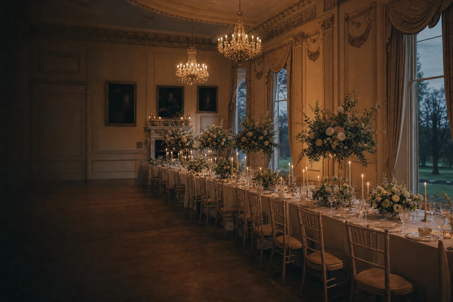 A candlelit ballroom · sage and gold